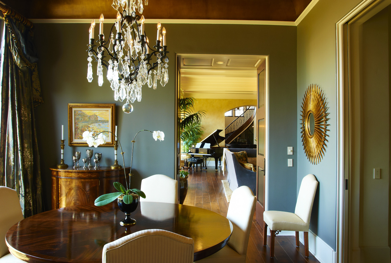 View of dining area with chandellier. dining room, home, interior design, living room, room, table, brown