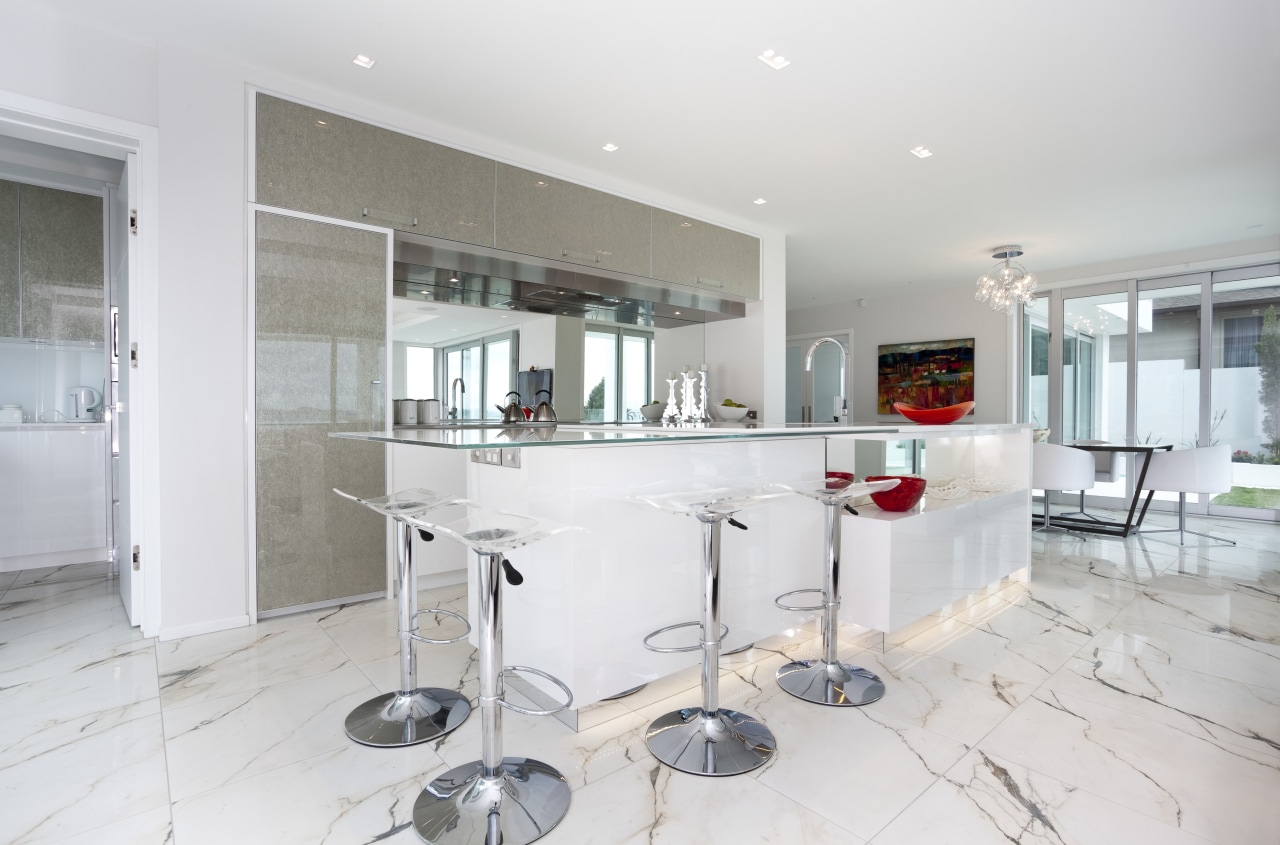 View of light toned kitchen with marble floor countertop, interior design, kitchen, property, real estate, room, white, gray