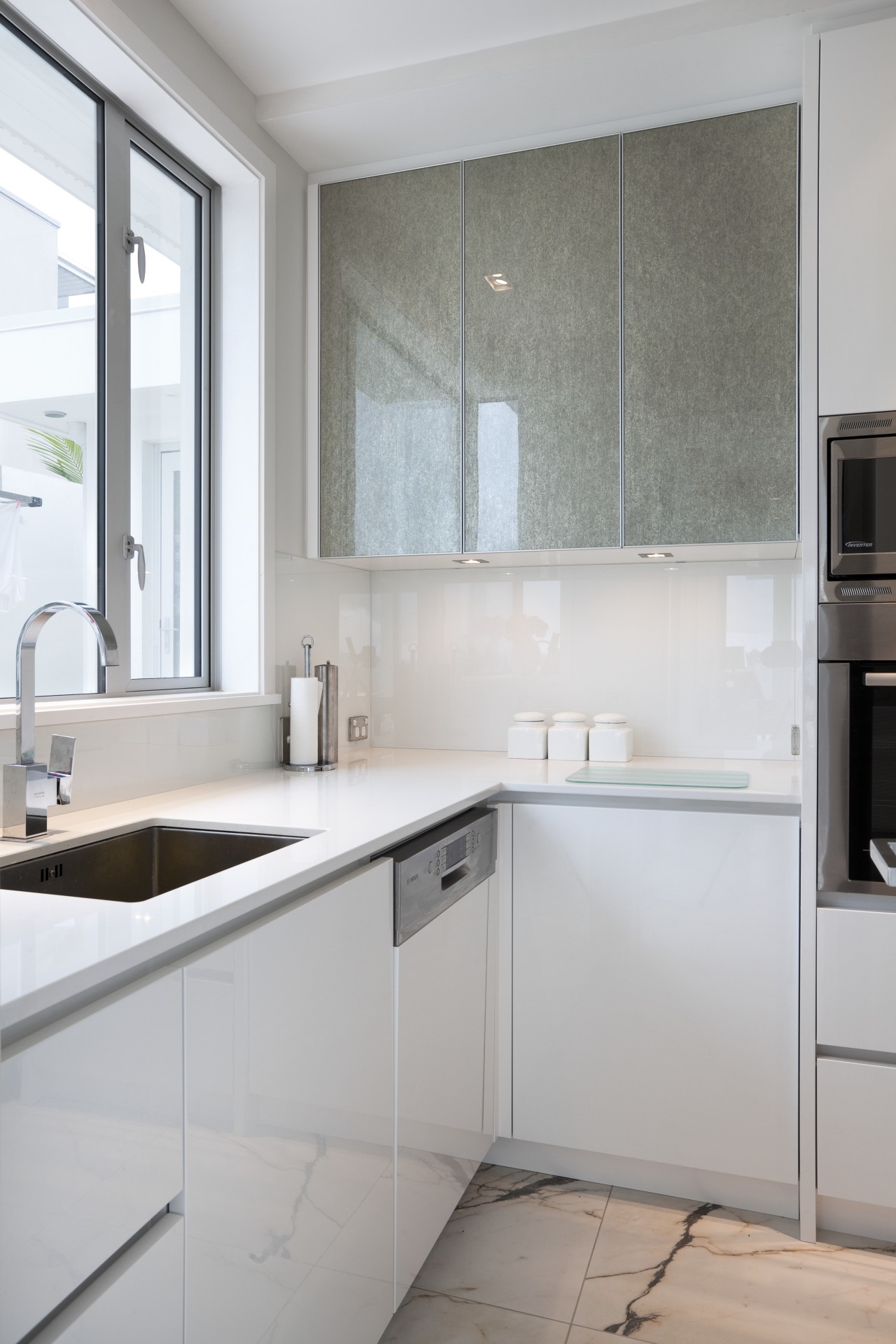 View of light toned kitchen with marble floor bathroom, countertop, home, interior design, kitchen, room, sink, tap, gray