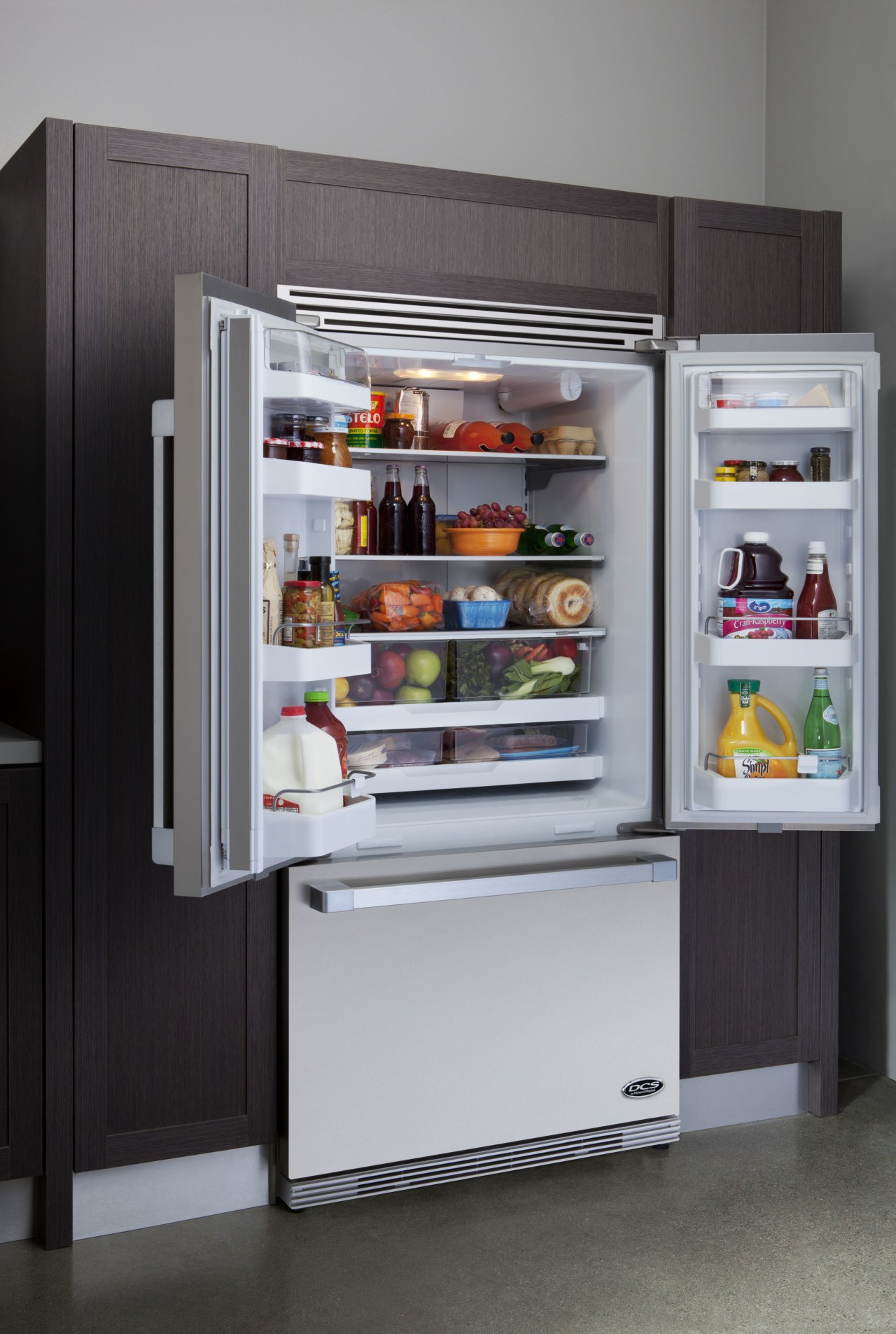 View of open fridge with freezer drawer and display case, home appliance, kitchen appliance, major appliance, product, refrigerator, gray, black