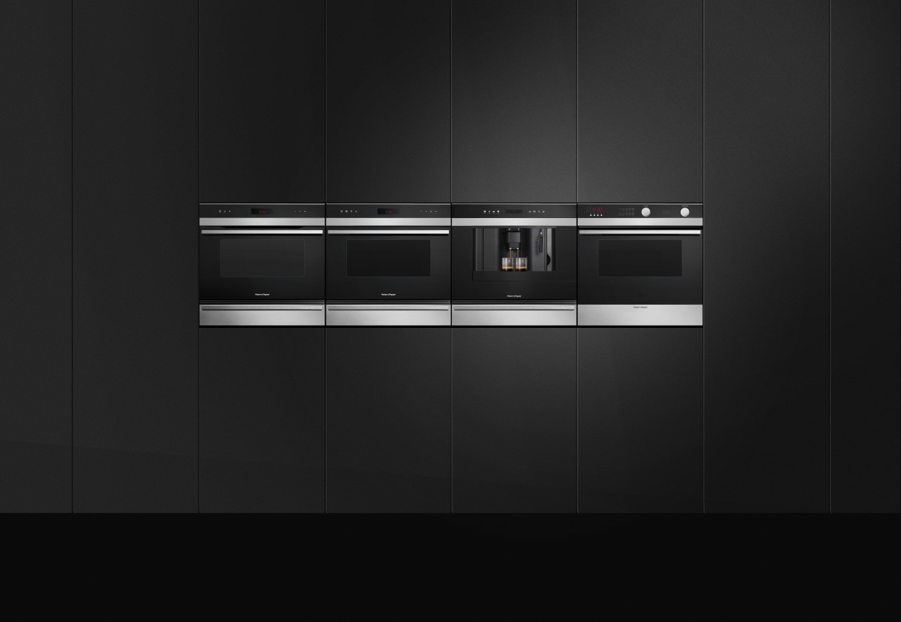 View of Fisher and Paykel ovens. home appliance, kitchen appliance, multimedia, product, product design, black