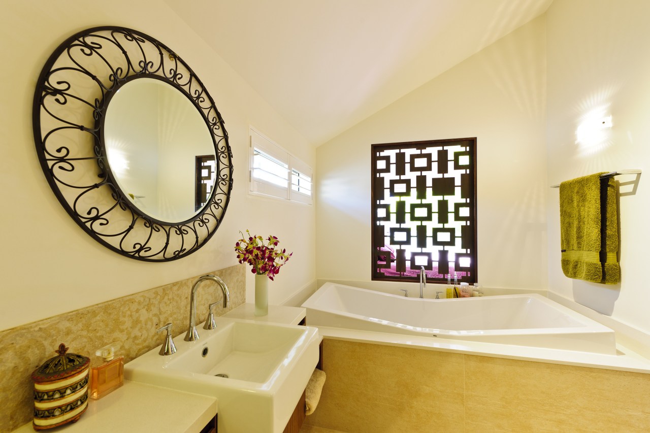 View of contemporary bathroom with round mirror and bathroom, estate, home, interior design, room, orange