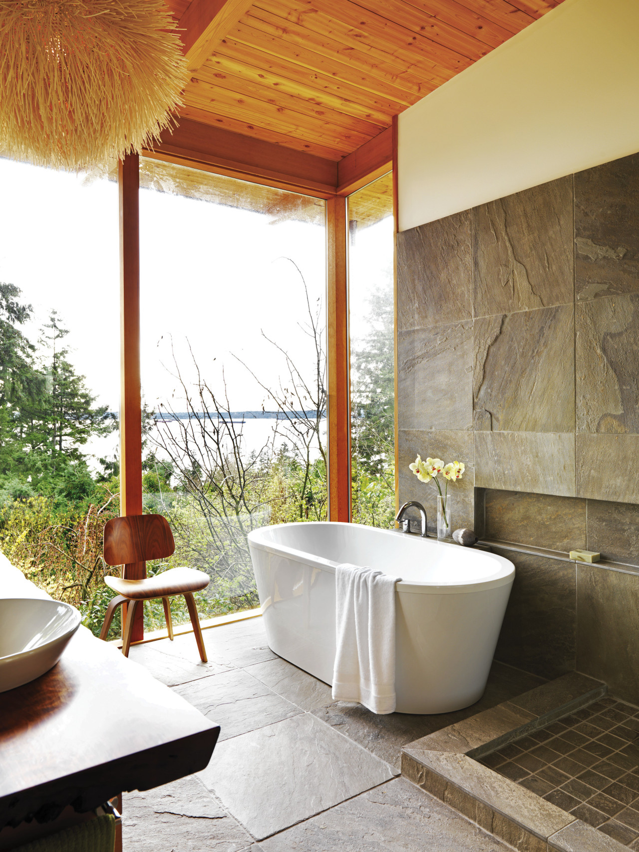 View of bathroom with large grey floor and architecture, bathroom, bathtub, estate, home, house, interior design, real estate, room, white, brown