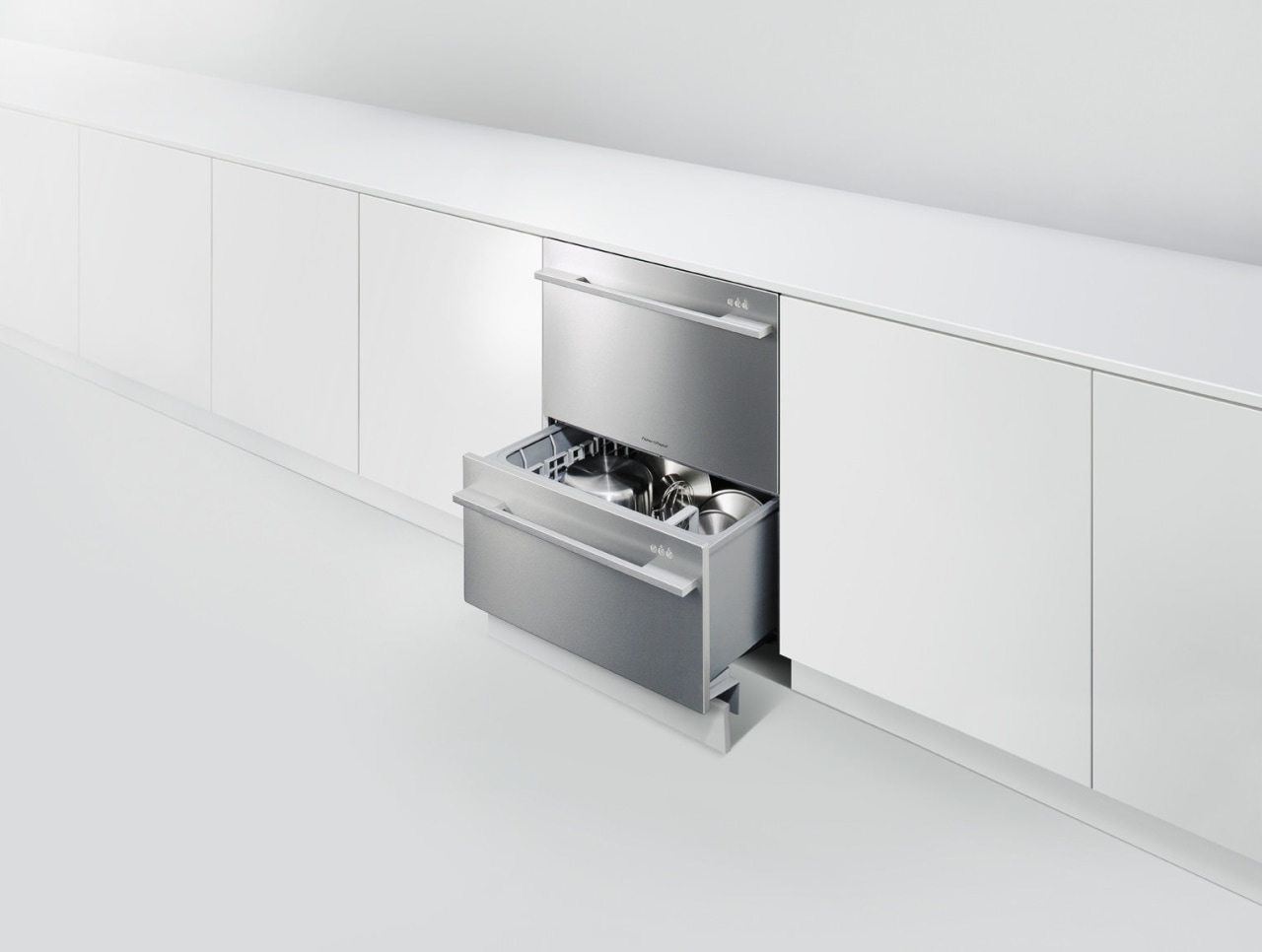 View of Fisher &amp; Paykel dishwasher. furniture, product, product design, white