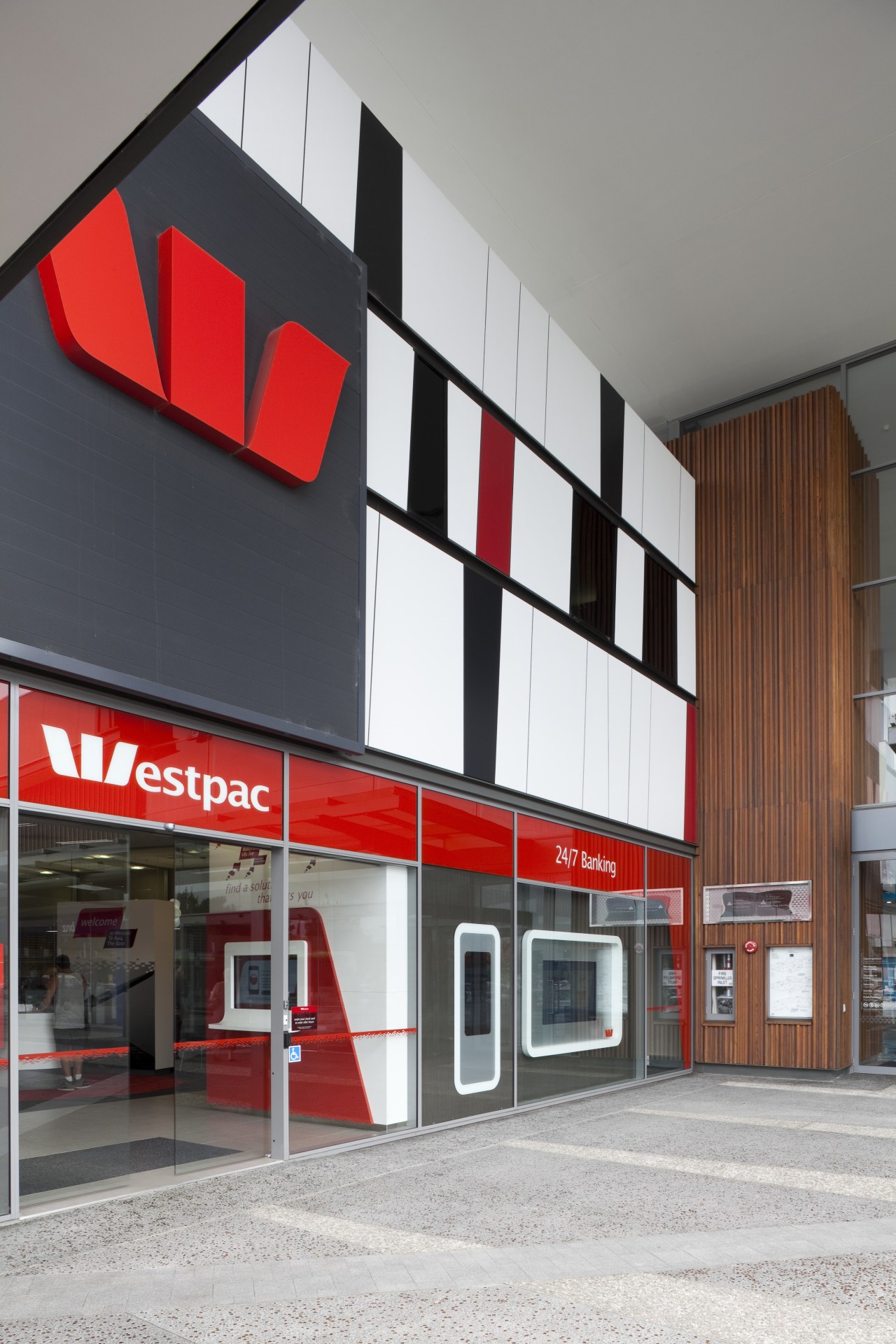 View of Westpac with red, black and white architecture, building, facade, gray