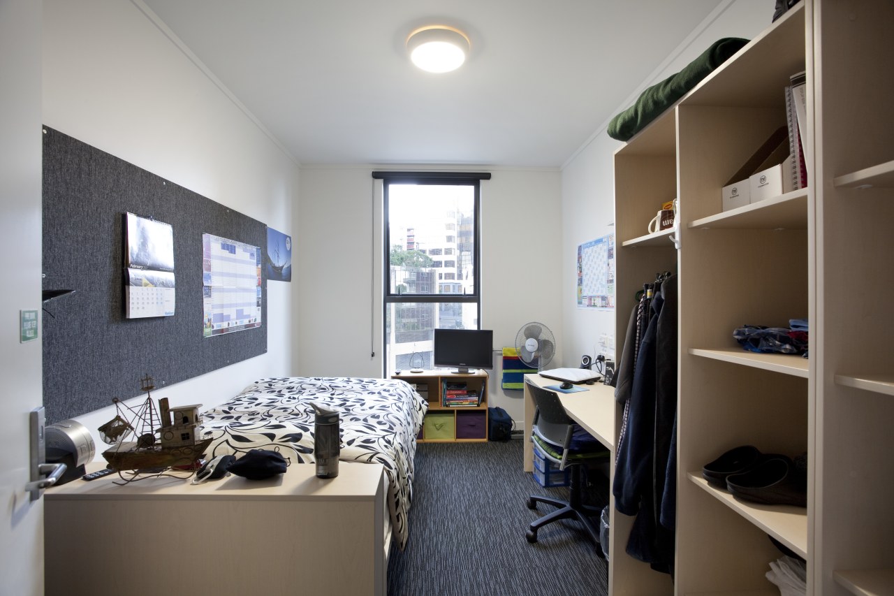 View of room in University of Auckland halls interior design, office, room, gray, brown