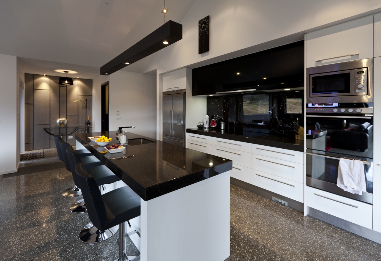 Kitchen with black benchtop and splashback, white cabinetry countertop, cuisine classique, interior design, kitchen, real estate, gray, black