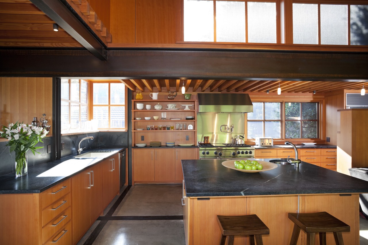 light wooden cabinets and drawers, black countertop, large cabinetry, countertop, cuisine classique, house, interior design, kitchen, real estate, room, wood, brown