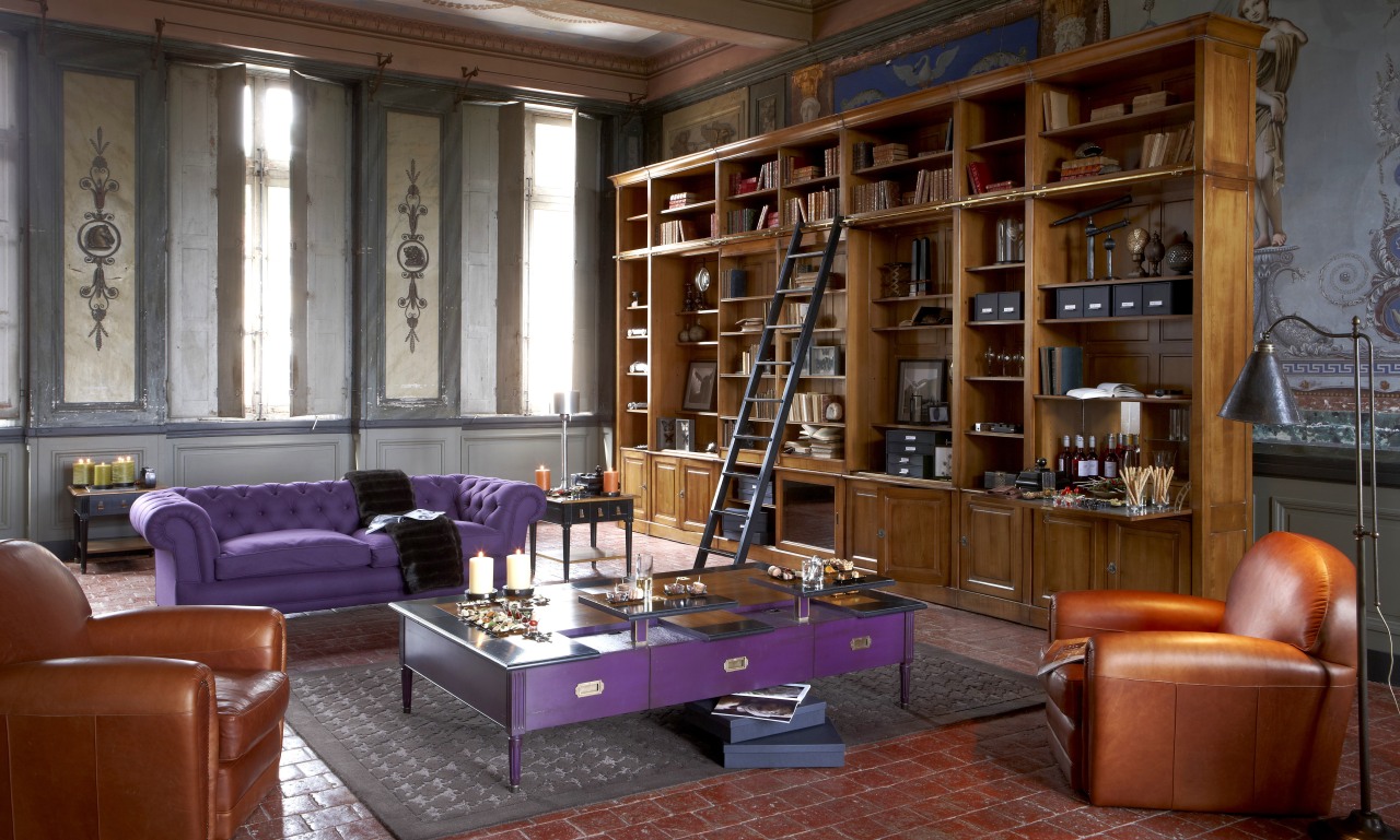 Library with purple and red furniture, wooden bookcase bookcase, furniture, interior design, library, living room, lobby, public library, shelving, brown
