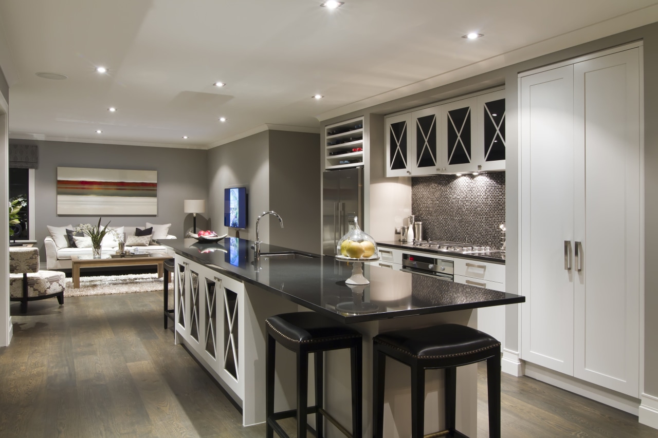 Kitchen with grey flooring, dark benchtop, back stools cabinetry, countertop, cuisine classique, interior design, kitchen, real estate, room, gray