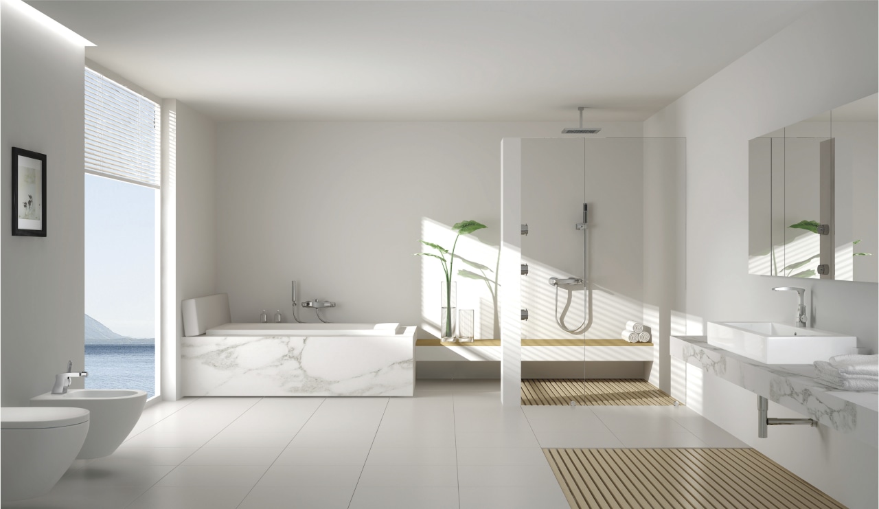 White bathroom with marble bath. architecture, bathroom, bathroom accessory, floor, home, interior design, plumbing fixture, product design, room, sink, tap, tile, gray