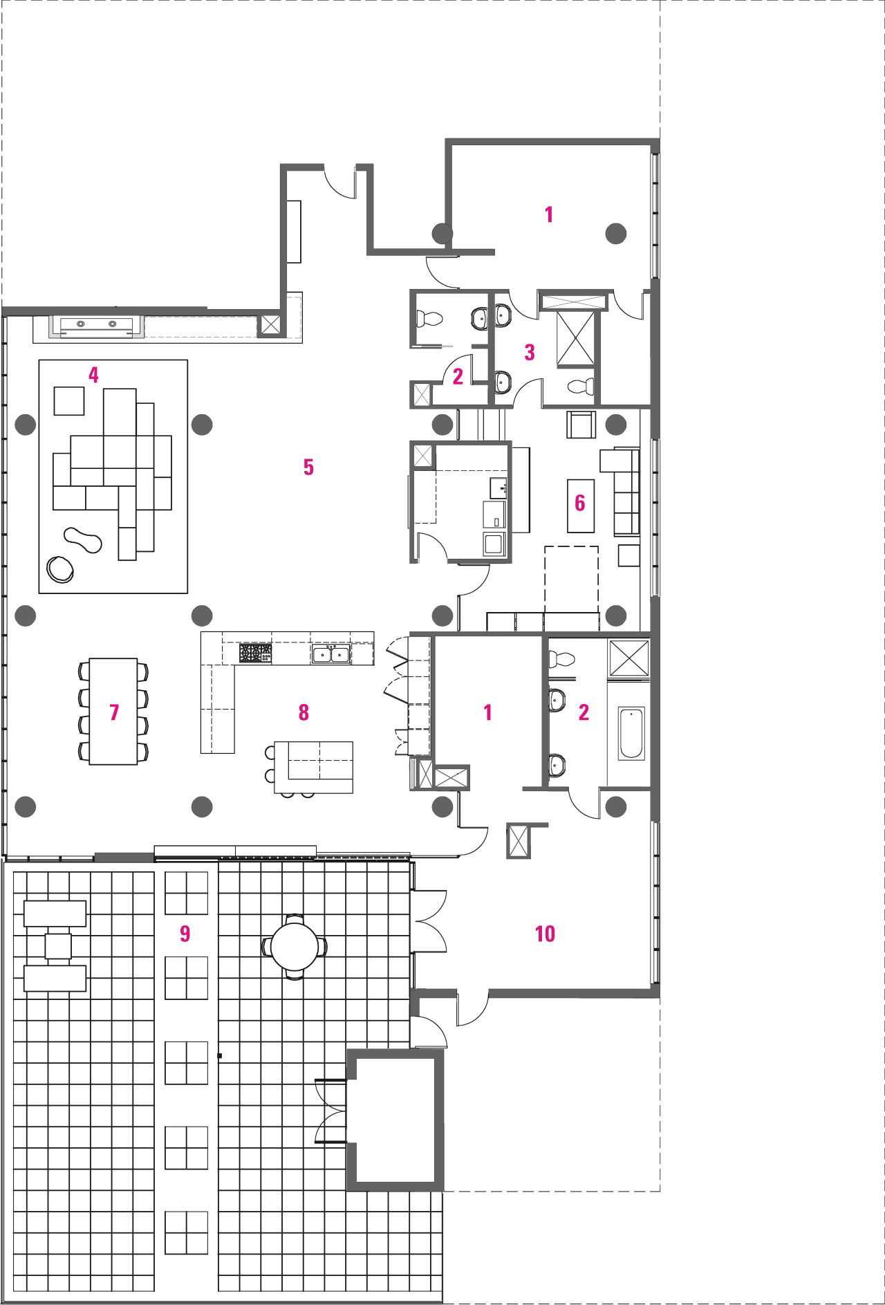 This home was designed by Thomas Meyer of area, design, diagram, drawing, floor plan, font, line, plan, product design, text, white