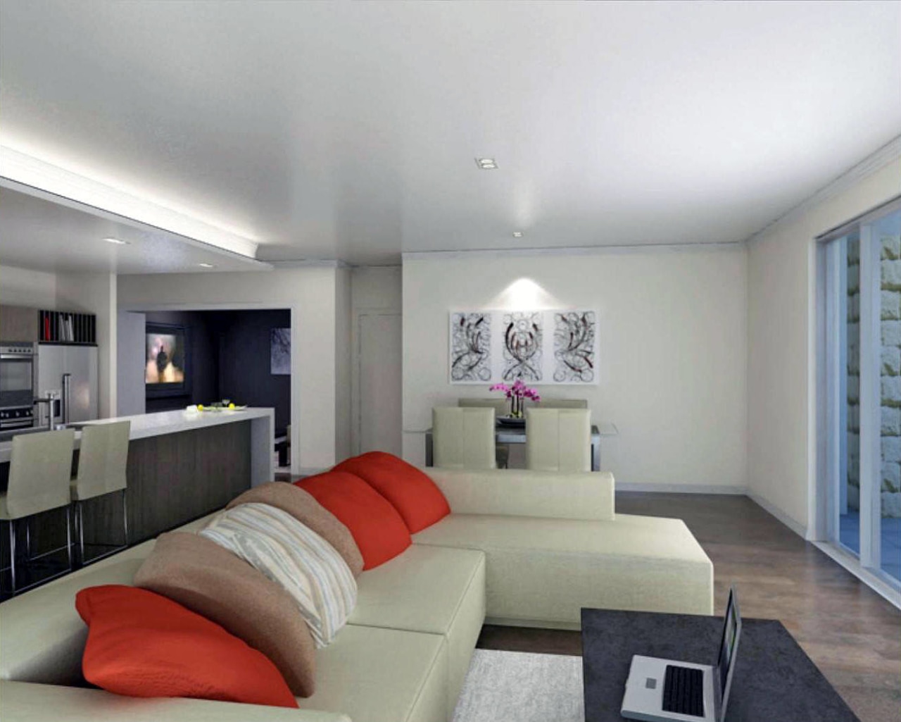 Lounge with cream couches and orange cushions. architecture, ceiling, estate, home, interior design, living room, property, real estate, room, wall, gray