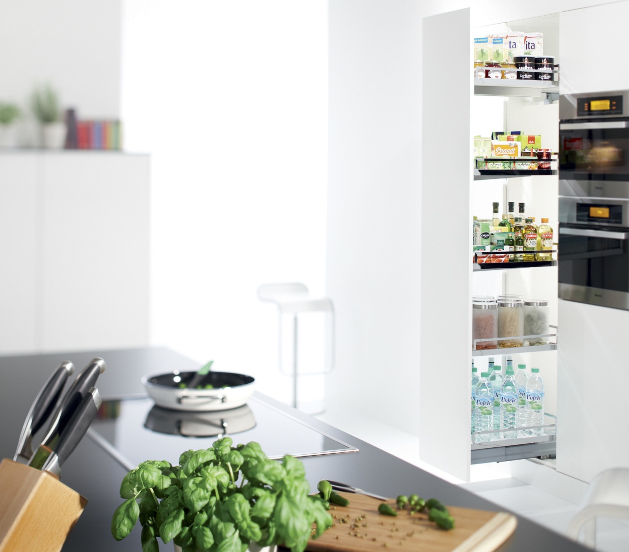 Kitchen with knife block, plant and pull out furniture, home appliance, interior design, kitchen appliance, product, product design, refrigerator, shelf, shelving, small appliance, table, white