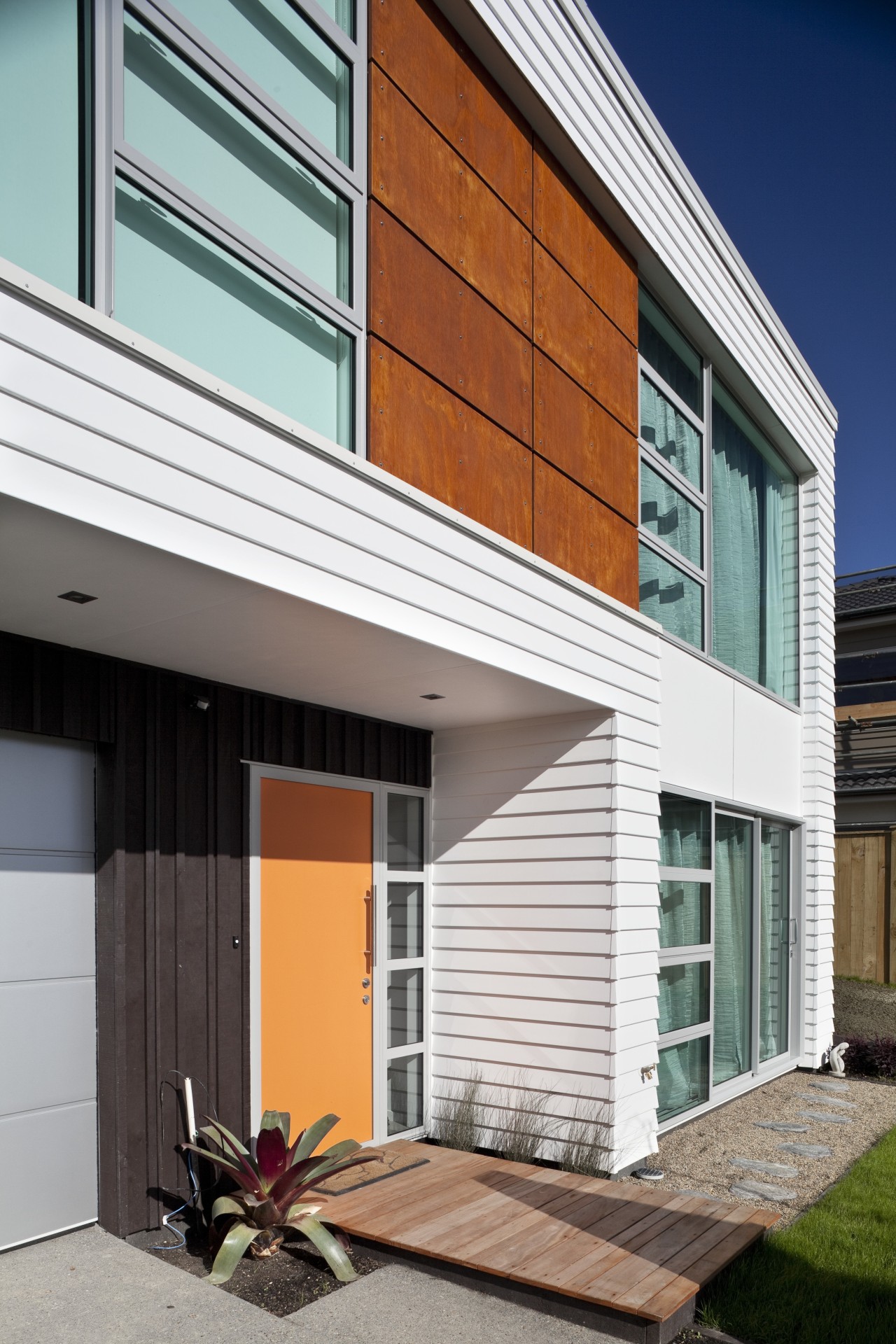 exterior view of contemporary modern style house, white architecture, building, commercial building, door, elevation, facade, home, house, real estate, residential area, siding, window, white