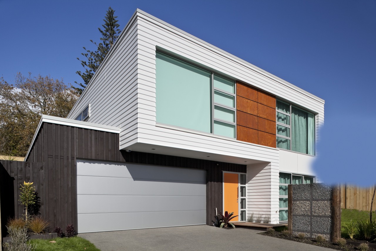 The Palliside weatherboard cladding system provides a clean, architecture, building, elevation, facade, home, house, property, real estate, residential area, siding, window, blue, gray