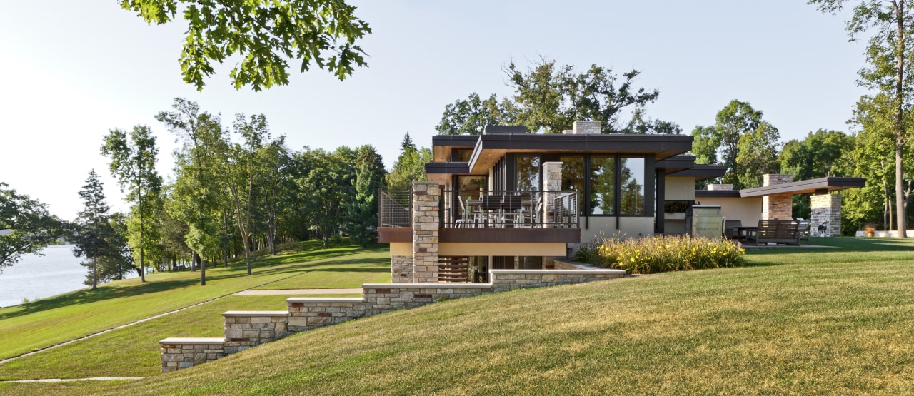 exterior of house, lawn and stone stairs leading architecture, cottage, estate, farmhouse, grass, home, house, landscape, property, real estate, white, brown