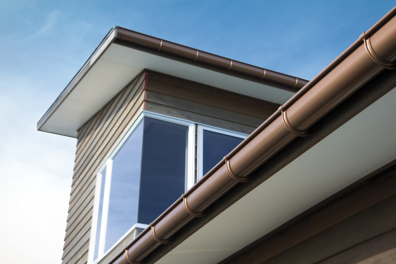 View of new spouting. architecture, building, daylighting, facade, house, rain gutter, roof, siding, sky, window