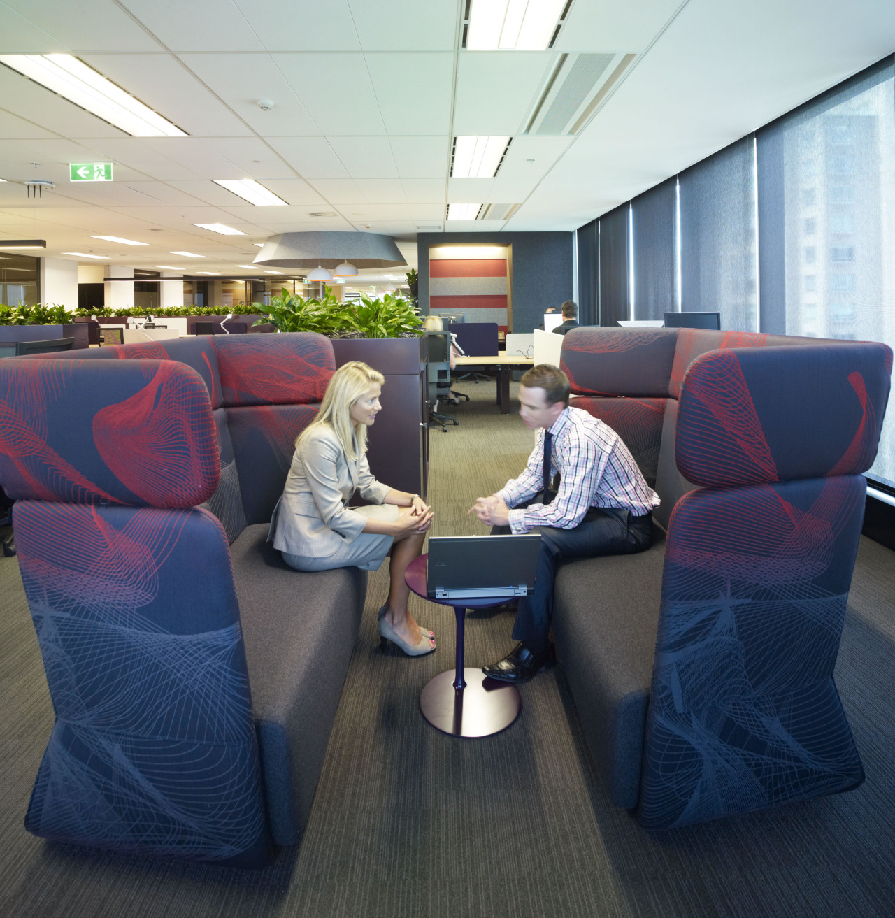 Seating area for meetings. chair, furniture, office, passenger, white, blue