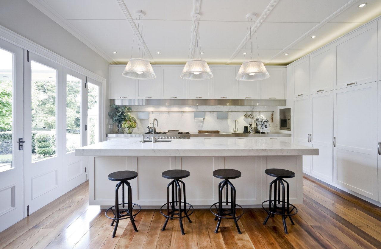 Positioning the island in this new kitchen at ceiling, countertop, daylighting, dining room, floor, flooring, interior design, kitchen, real estate, room, window, wood flooring, gray