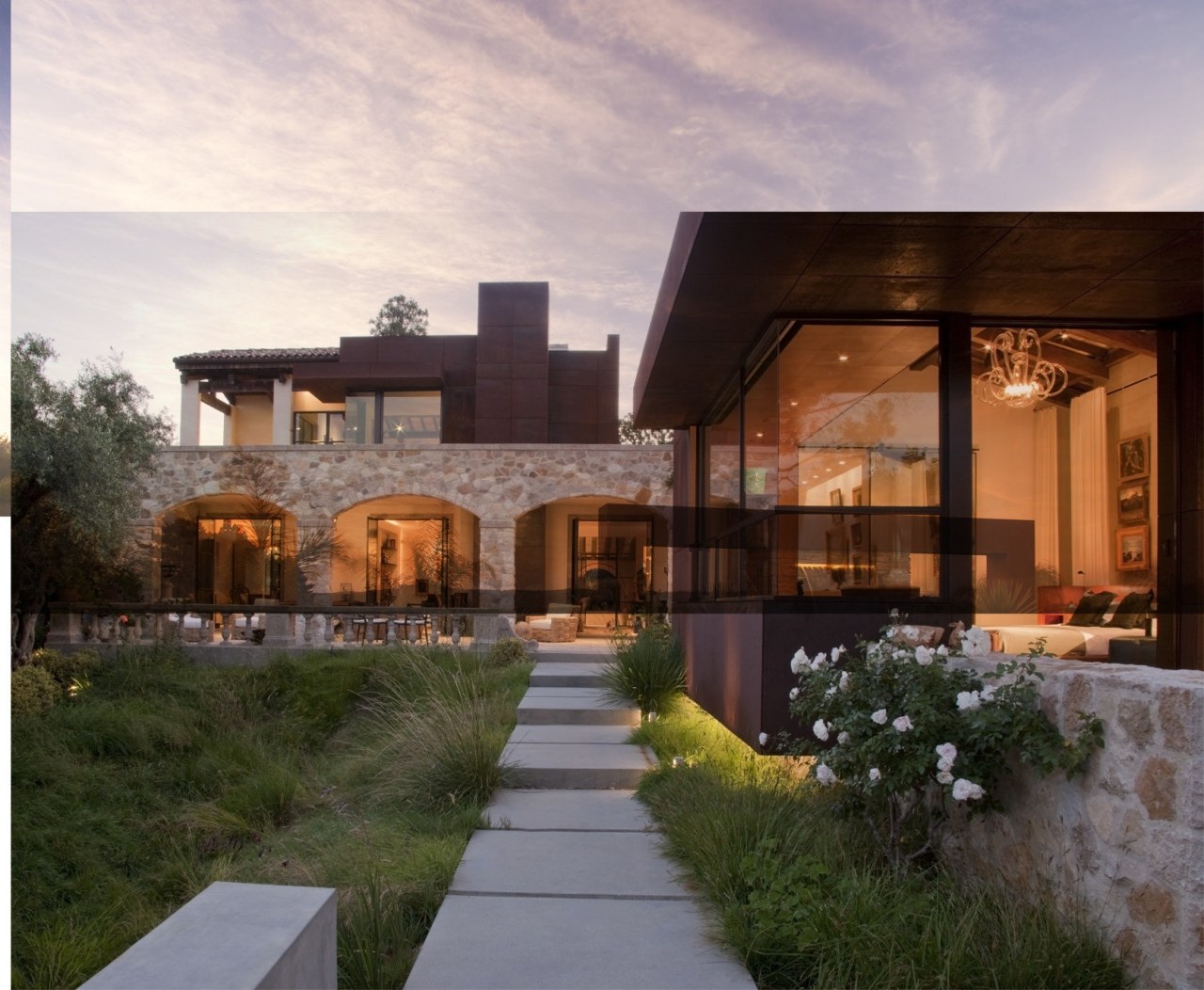 View of entrance to the home. Windows and architecture, backyard, estate, facade, home, house, landscape, landscaping, lighting, property, real estate, residential area, roof, window, brown
