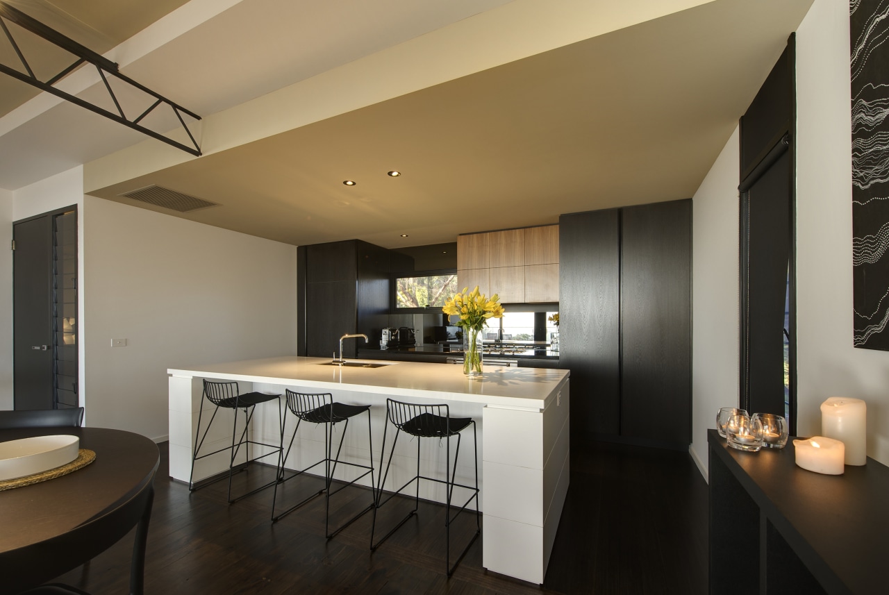 Spacious kitchen shot. architecture, ceiling, countertop, interior design, kitchen, real estate, room, black