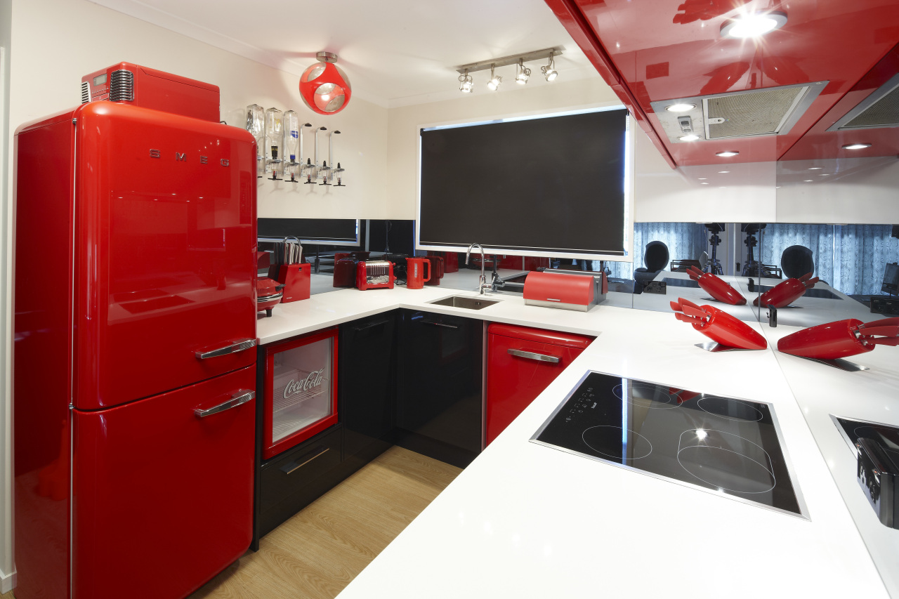 Kitchen view, including fridge. interior design, red, white, red