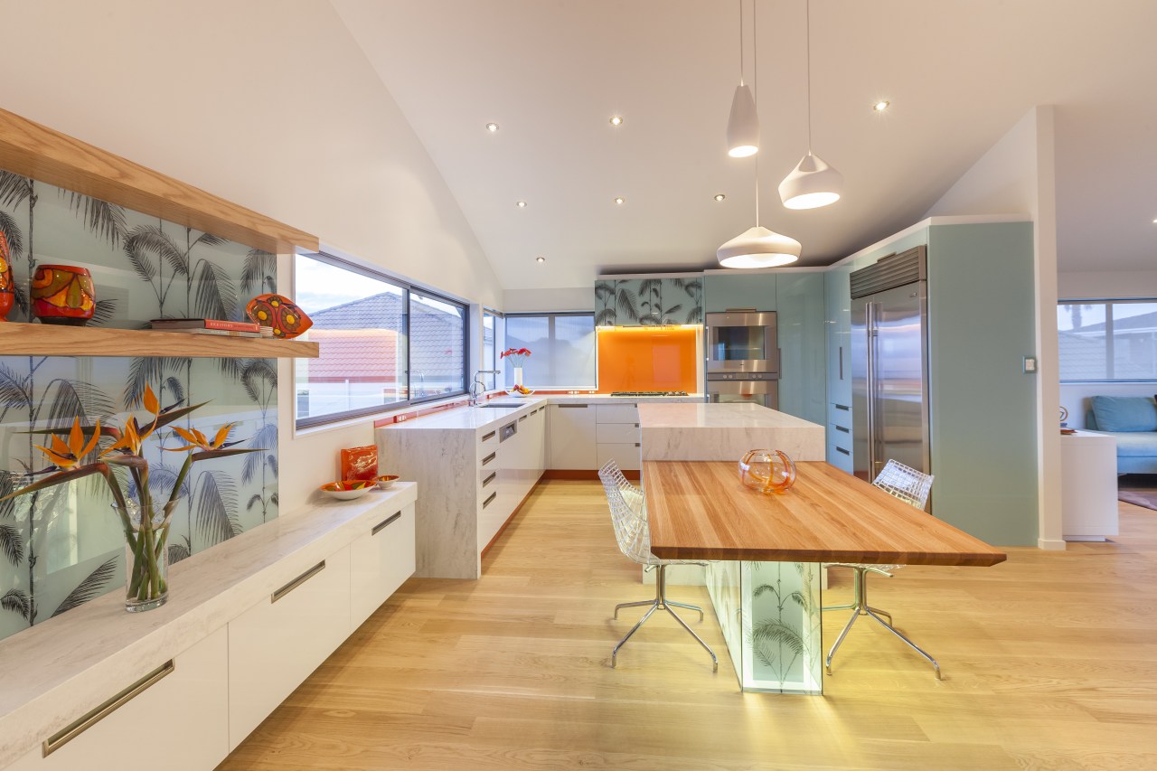 Decorative printed glass panels enliven this kitchen wall, architecture, ceiling, house, interior design, real estate, orange