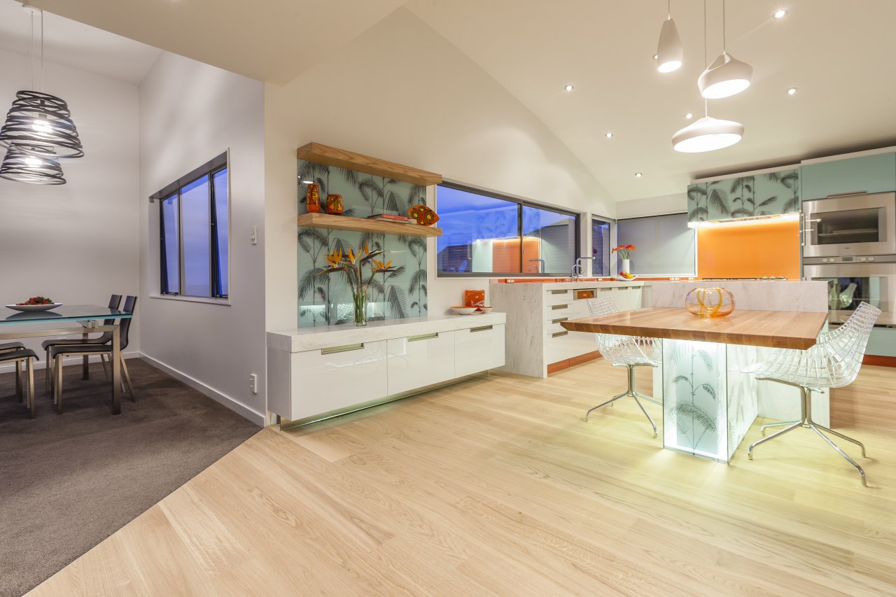 This kitchen was designed and built by Mal ceiling, floor, flooring, interior design, real estate, gray, orange