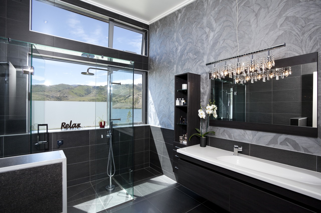 The flooring for this Otago home was chosen architecture, bathroom, interior design, property, room, black, gray