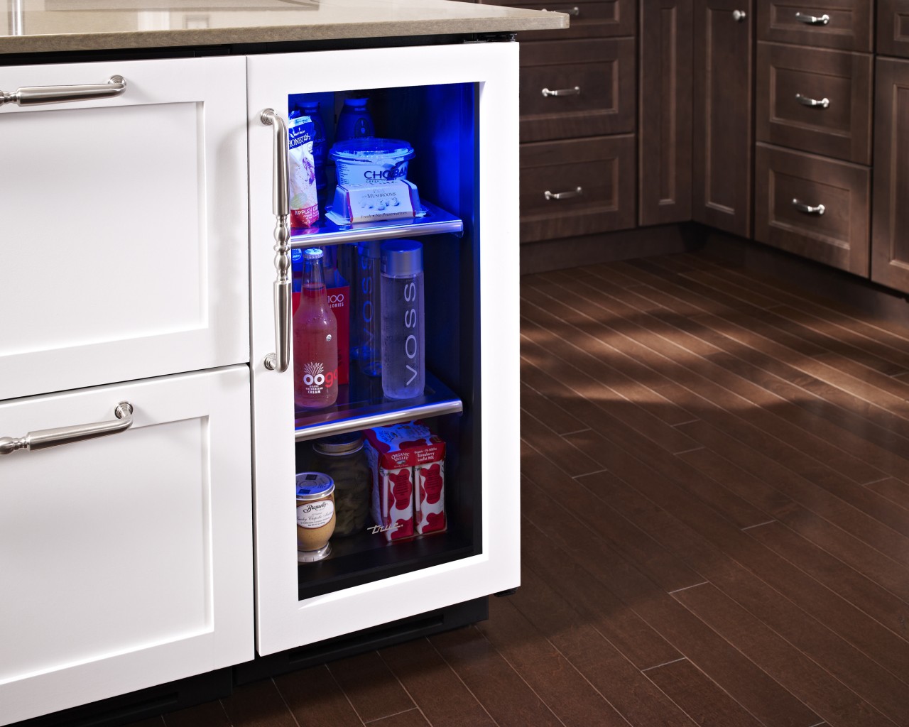 Wine refrigerator from the True Professional Series, a cabinetry, countertop, floor, flooring, hardwood, home appliance, kitchen, kitchen appliance, major appliance, product, refrigerator, red, white