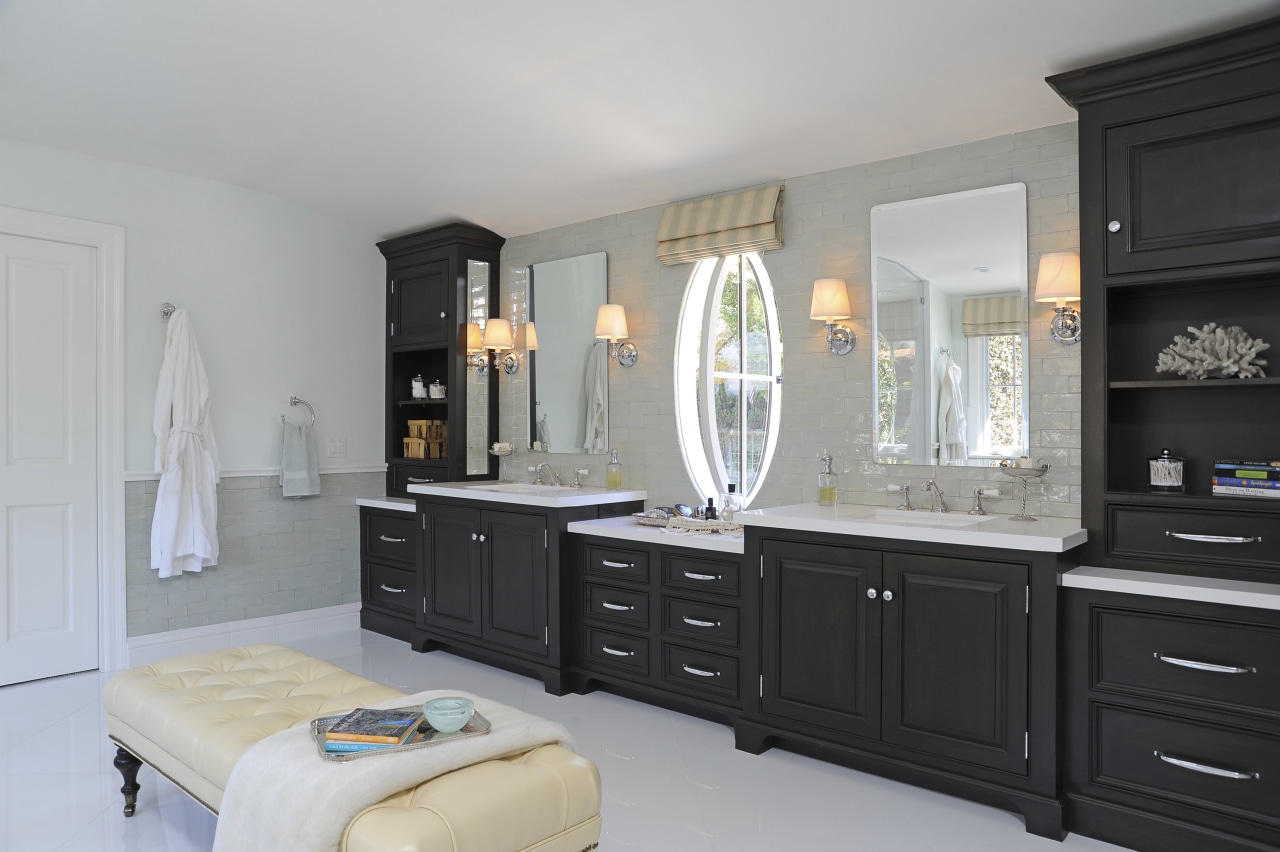 A 14ft-long double vanity with hard-wearing counters offers cabinetry, countertop, furniture, interior design, kitchen, room, gray, black