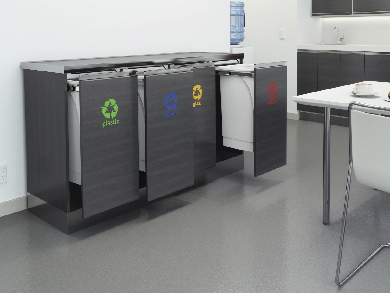 Hideaway Bins offer an easy way to achieve product, product design, recycling bin, waste container, waste containment, gray, black, white