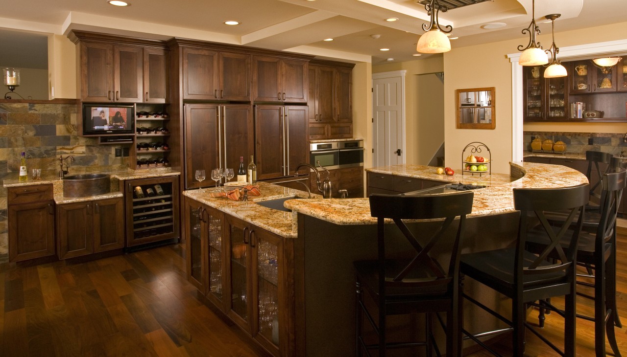 This spacious entertainers kitchen designed by Richard Landon cabinetry, countertop, cuisine classique, flooring, hardwood, interior design, kitchen, room, wood flooring, brown