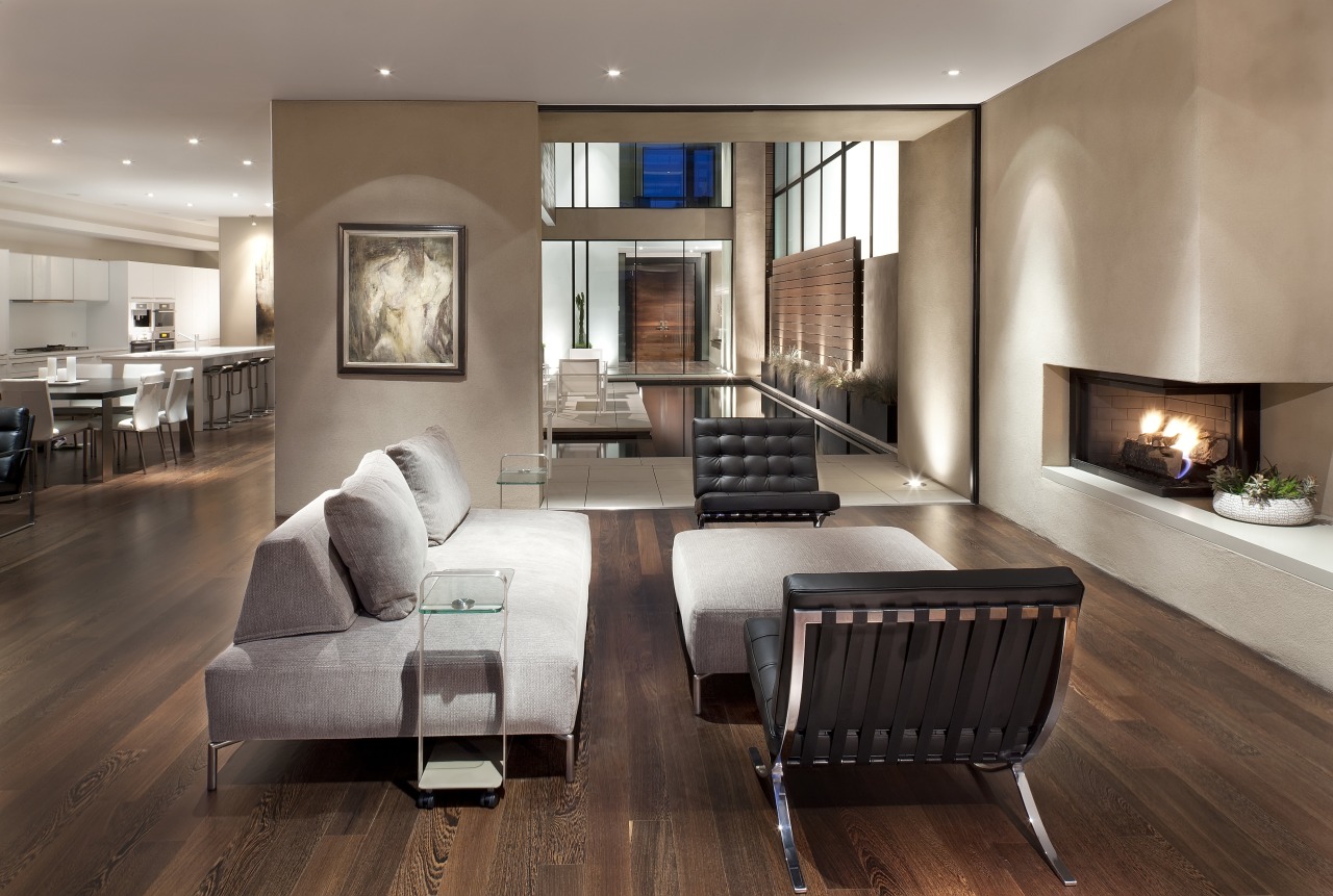 This living room in a modern new home ceiling, floor, flooring, hardwood, interior design, laminate flooring, living room, real estate, room, wood flooring, gray, brown