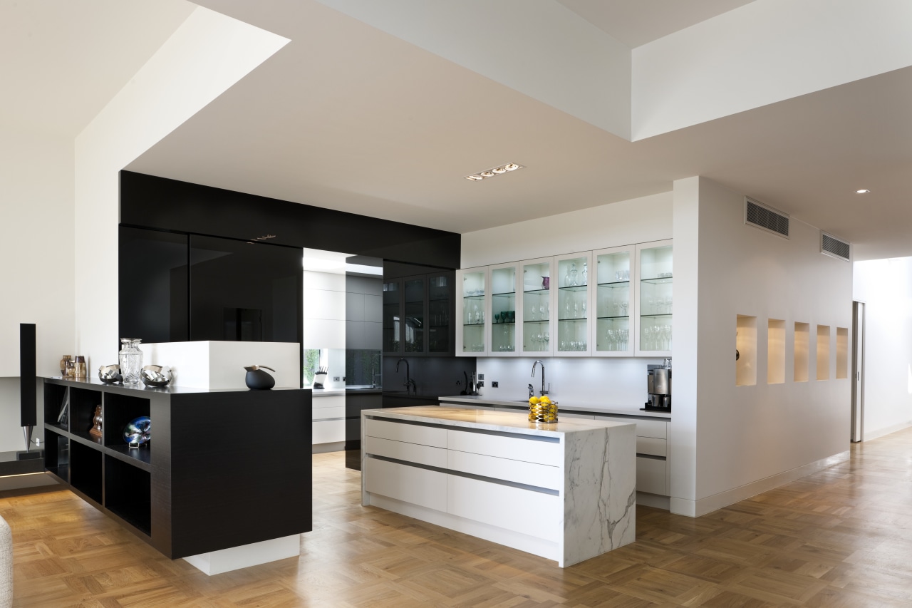 This kitchen, designed by Clive Champion, is in countertop, floor, interior design, kitchen, living room, real estate, room, gray