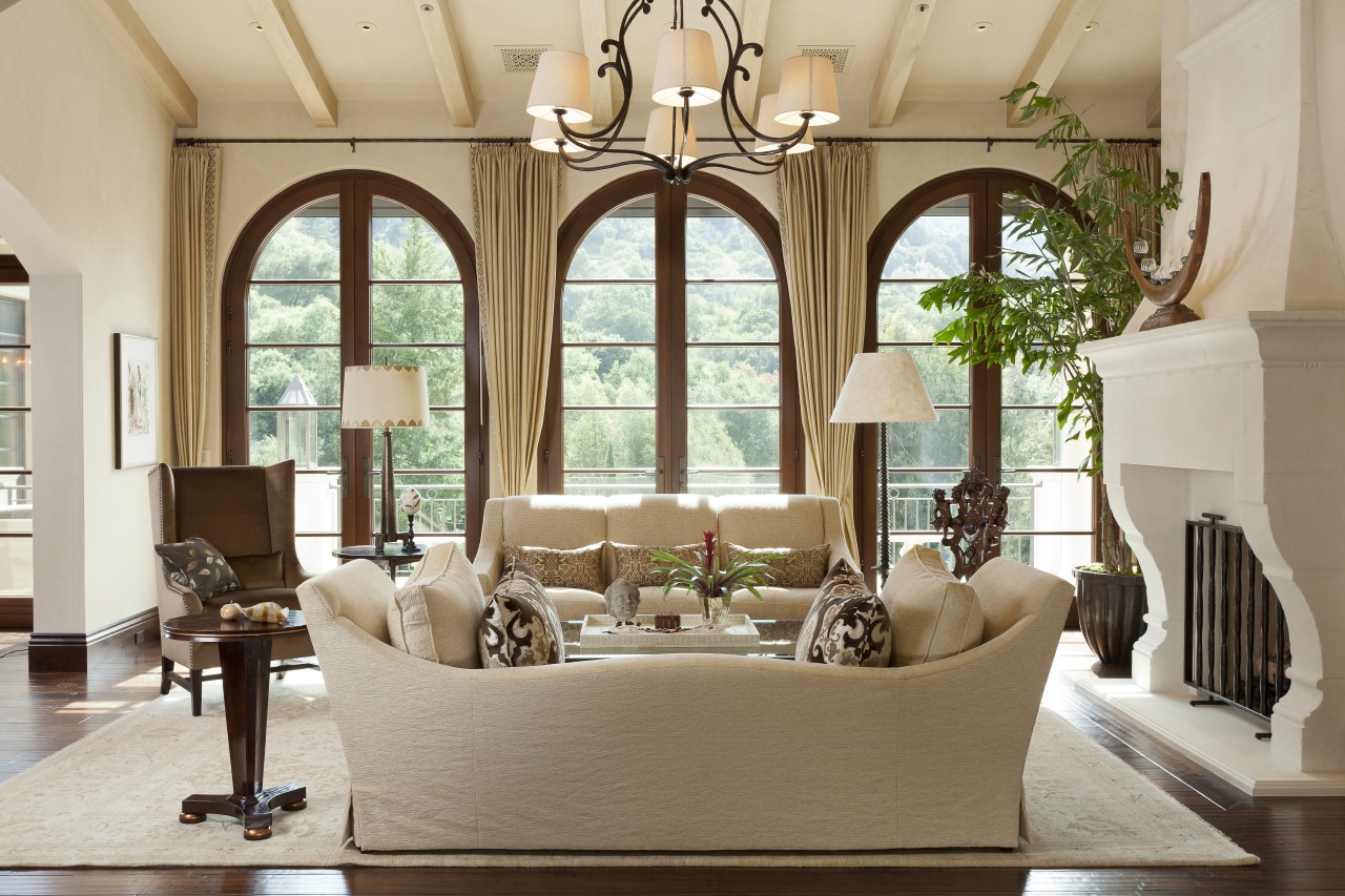 Santa Barbara-Meditteranean-style interior by Alison Whittaker ceiling, estate, furniture, home, interior design, living room, real estate, room, window, brown, gray