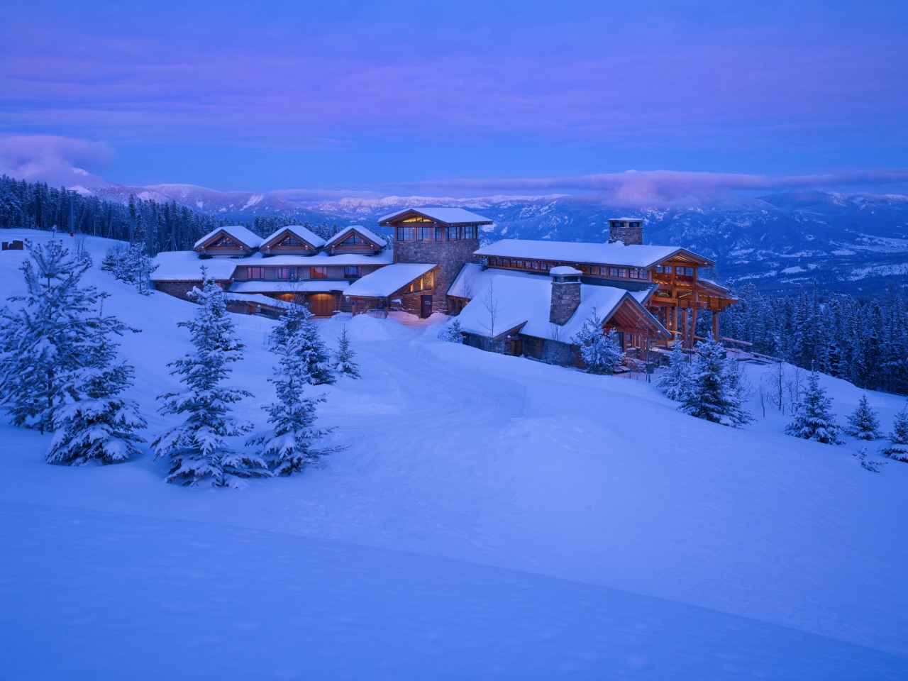 The master bedroom wing of this mountain retreat alps, arctic, cloud, freezing, geological phenomenon, glacial landform, landscape, mount scenery, mountain, mountain range, mountainous landforms, nature, piste, sky, snow, tree, winter, blue