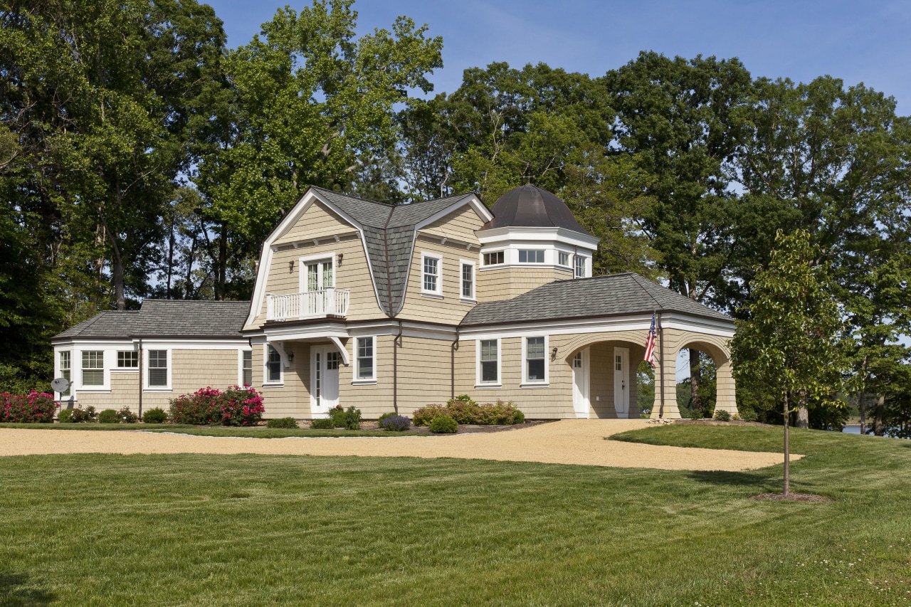 Wood shingles, an asphalt gambrel roof and copper cottage, elevation, estate, facade, farmhouse, historic house, home, house, landscape, mansion, neighbourhood, plantation, property, real estate, residential area, roof, siding, suburb, brown