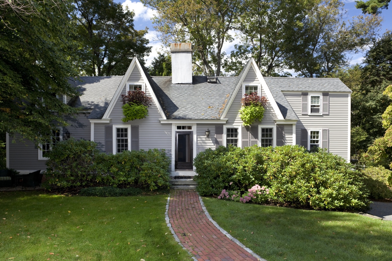 This Cape Cod-style residence was built in 1768, cottage, estate, farmhouse, historic house, home, house, landscaping, lawn, mansion, neighbourhood, outdoor structure, property, real estate, residential area, roof, siding, suburb, tree, window, yard, brown, green