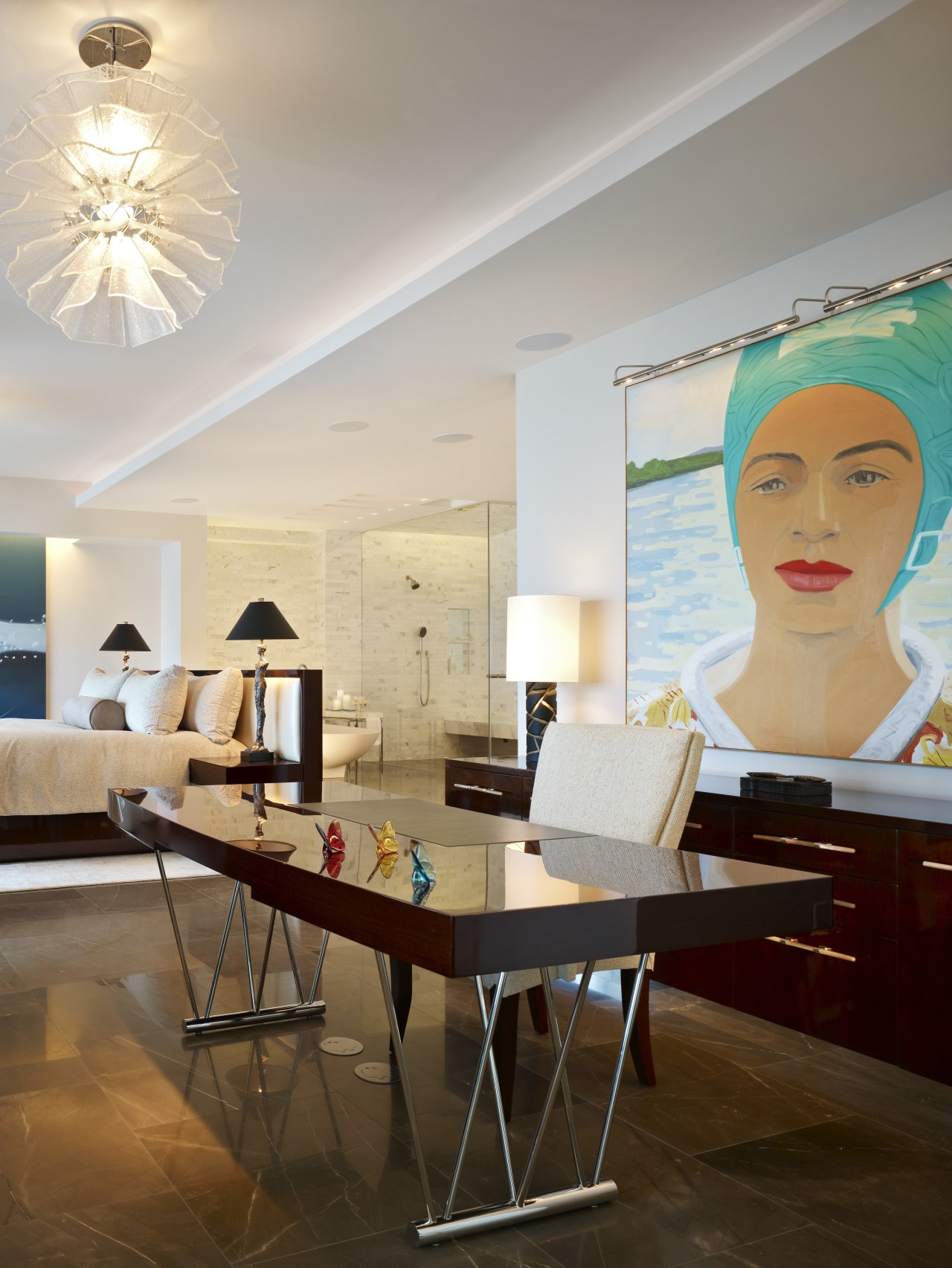 This open-plan master suite, which includes an office, ceiling, design, furniture, home, interior design, living room, room, table, wall, gray, brown