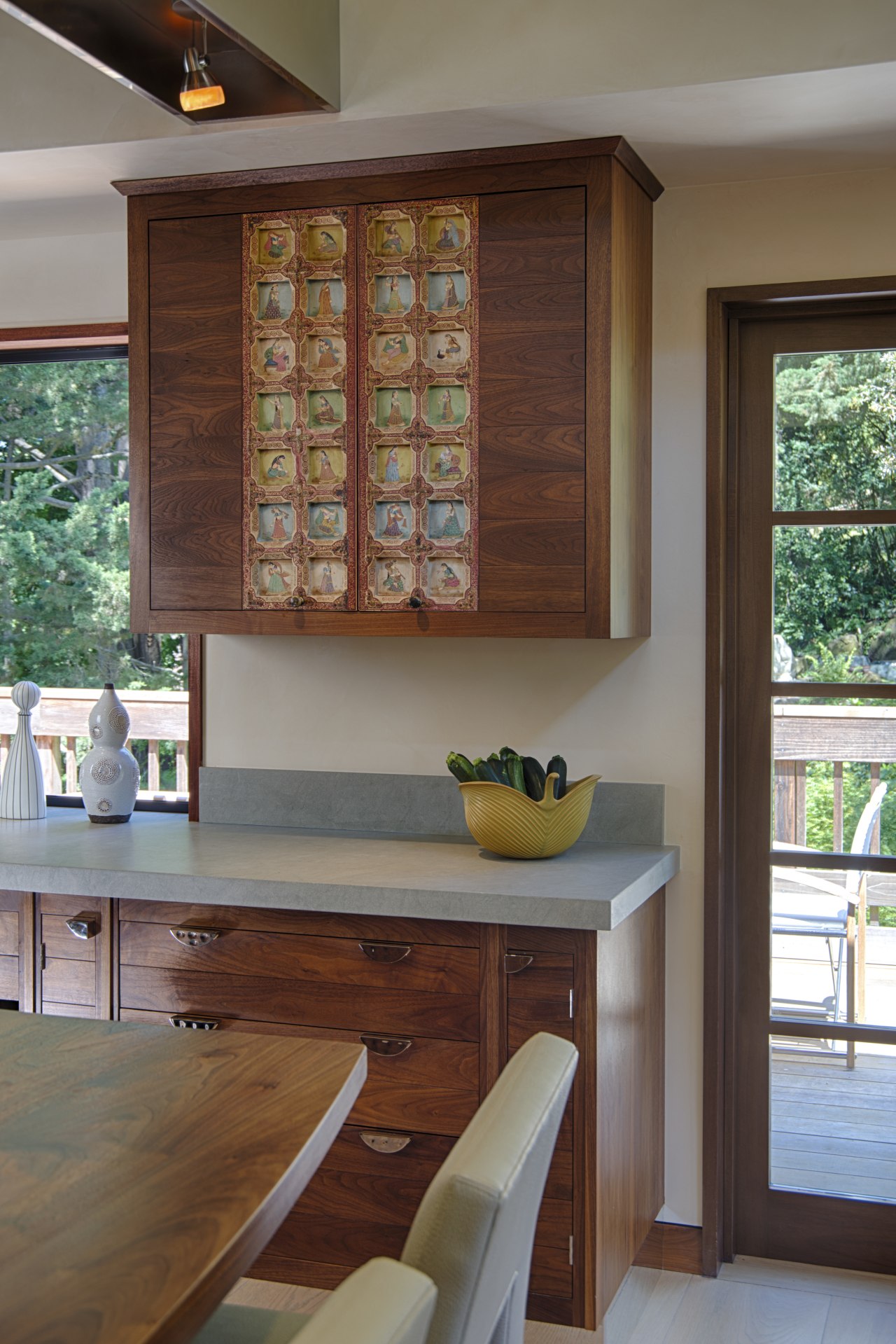 Open plan walnut kitchen cabinetry, countertop, dining room, home, interior design, kitchen, room, table, window, wood, gray, brown