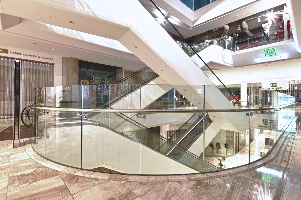The new Rundle Place retail centre in Adelaide building, glass, handrail, interior design, lobby, real estate, shopping mall, gray