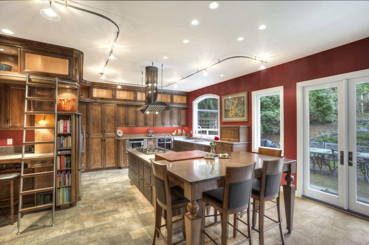 This Richard Landon kitchen has a warm aesthetic ceiling, countertop, interior design, kitchen, real estate, room, gray, brown