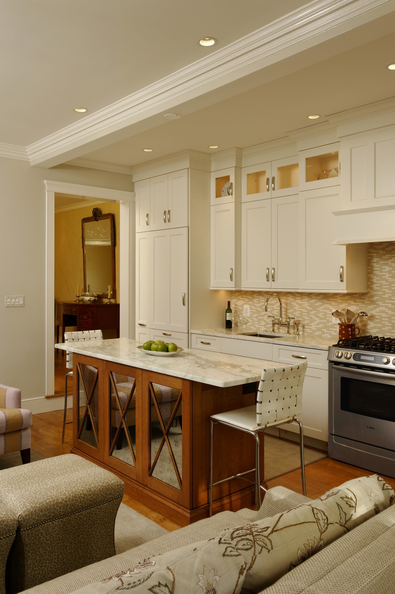 This remodel has turned a cramped galley kitchen cabinetry, ceiling, countertop, cuisine classique, interior design, kitchen, living room, room, orange, brown