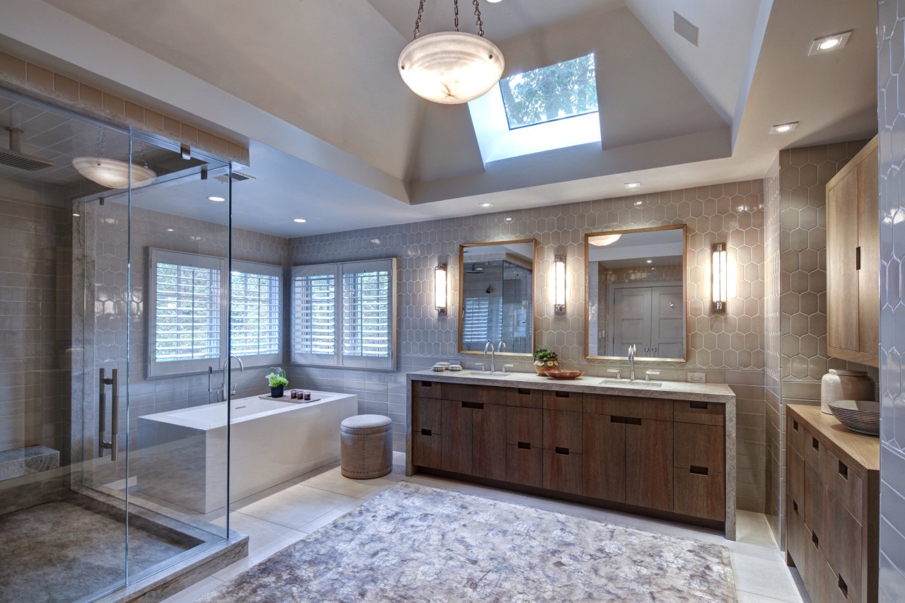 The tranquil ambiance of this master bedroom and bathroom, cabinetry, ceiling, countertop, cuisine classique, estate, home, interior design, kitchen, real estate, room, gray