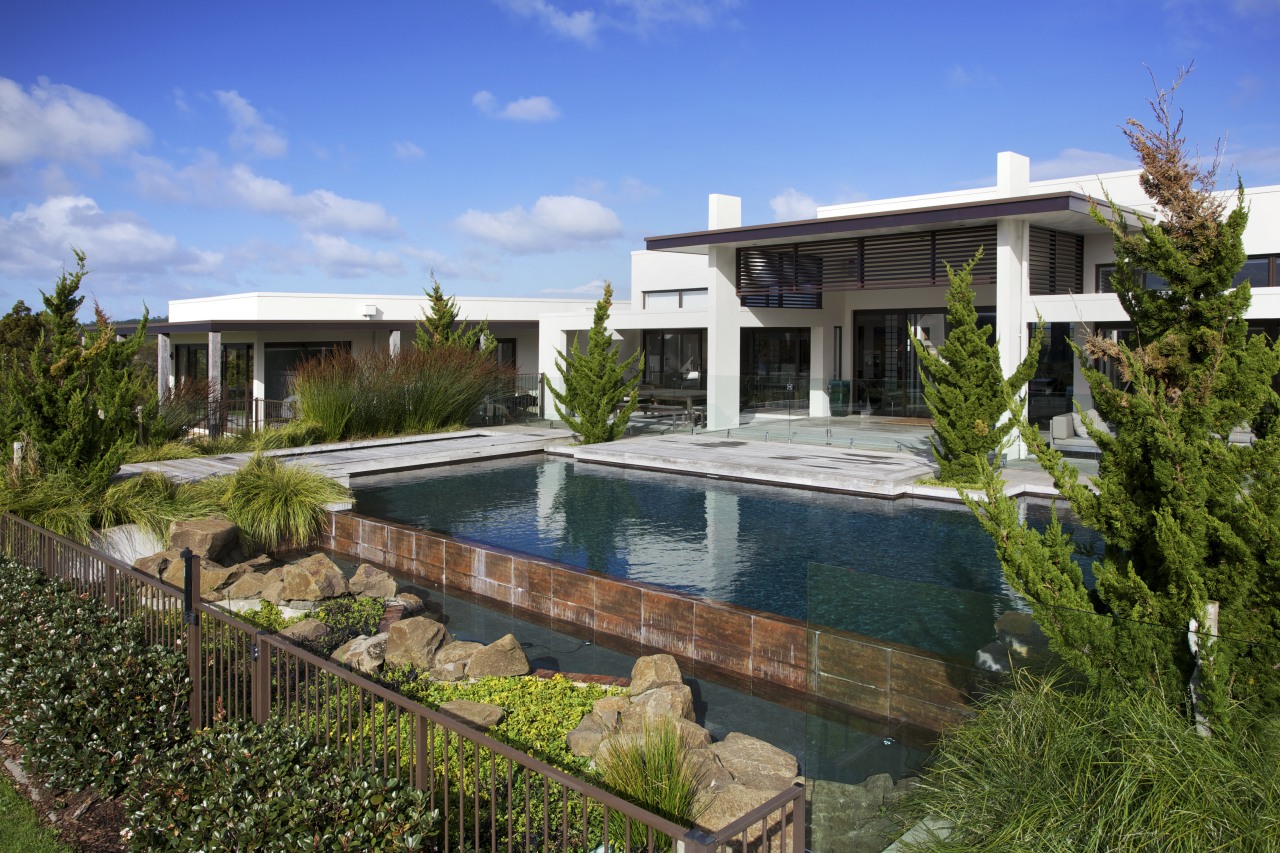 Contemporary outdoor area cottage, estate, facade, home, house, mansion, property, real estate, residential area, resort, swimming pool, villa, brown, teal