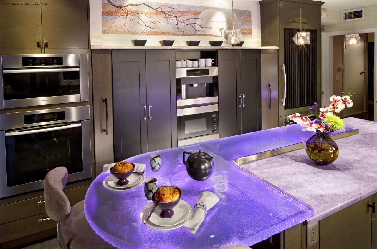 Glass countertops illuminated with violet lighting ensure this countertop, home appliance, interior design, kitchen, room