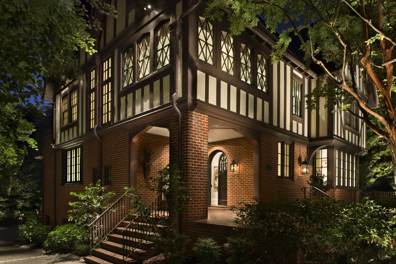 At the rear, the new basement terrace level architecture, building, cottage, estate, facade, home, house, lighting, neighbourhood, property, real estate, residential area, siding, tree, window, brown, black