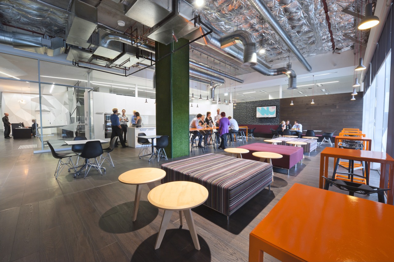 A multifaceted facade behind the reception desk of interior design, lobby, loft, real estate, restaurant, gray